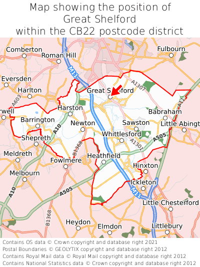 Map showing location of Great Shelford within CB22