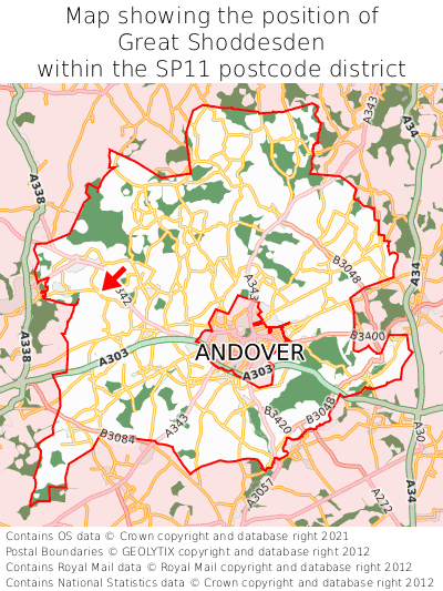 Map showing location of Great Shoddesden within SP11