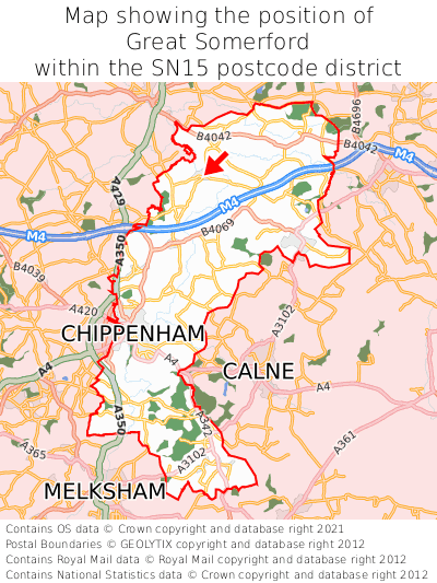 Map showing location of Great Somerford within SN15