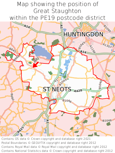 Map showing location of Great Staughton within PE19