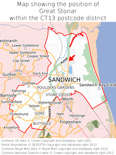 Map showing location of Great Stonar within CT13