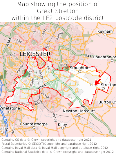 Map showing location of Great Stretton within LE2