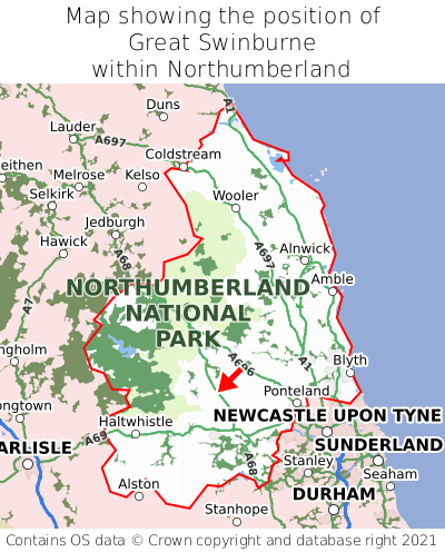 Map showing location of Great Swinburne within Northumberland