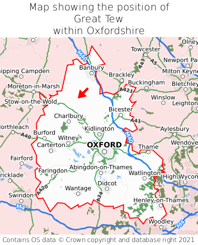 Map showing location of Great Tew within Oxfordshire