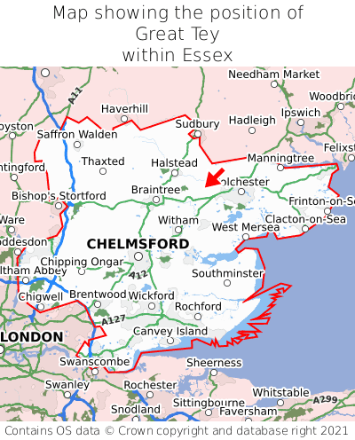 Map showing location of Great Tey within Essex