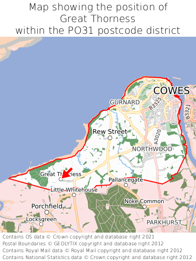 Map showing location of Great Thorness within PO31