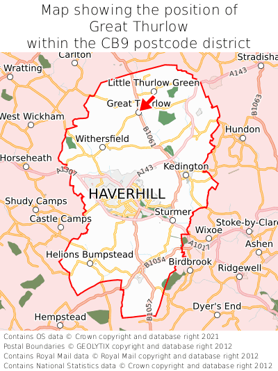 Map showing location of Great Thurlow within CB9