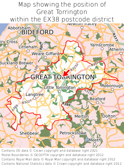Map showing location of Great Torrington within EX38