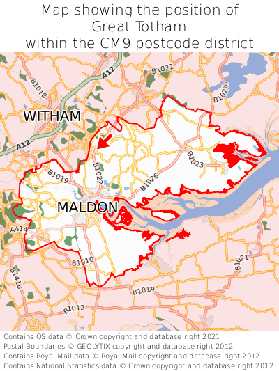 Map showing location of Great Totham within CM9