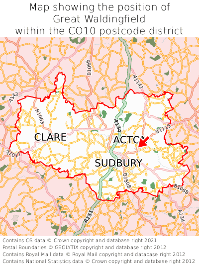 Map showing location of Great Waldingfield within CO10