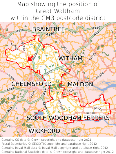 Map showing location of Great Waltham within CM3