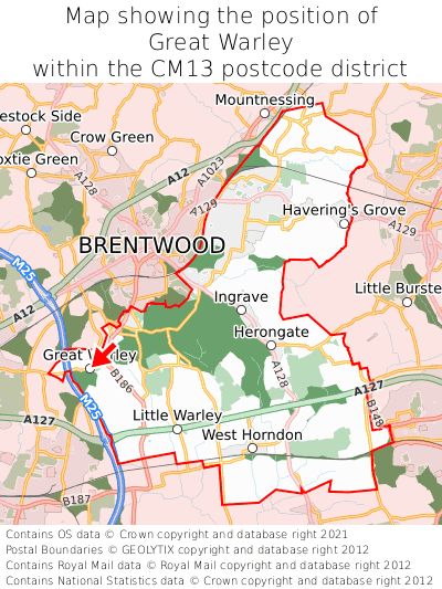 Map showing location of Great Warley within CM13