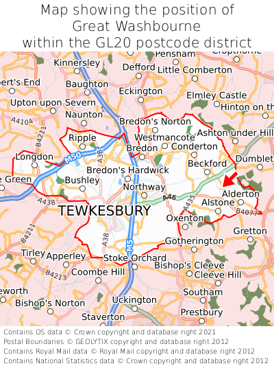 Map showing location of Great Washbourne within GL20