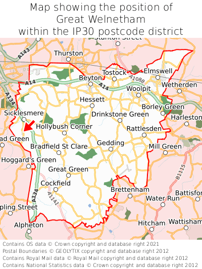 Map showing location of Great Welnetham within IP30