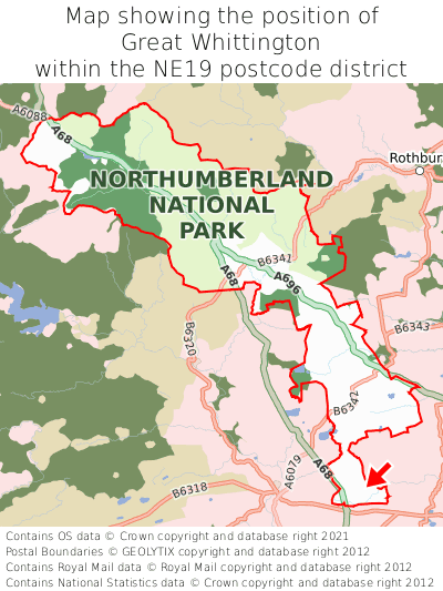 Map showing location of Great Whittington within NE19