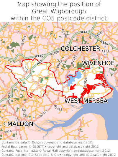Map showing location of Great Wigborough within CO5
