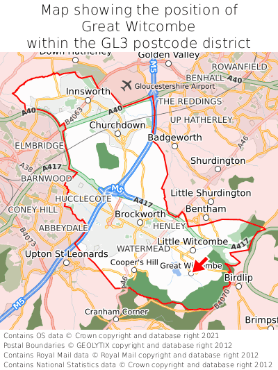Map showing location of Great Witcombe within GL3