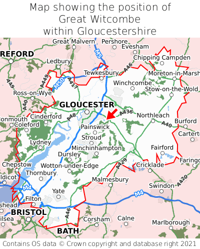 Map showing location of Great Witcombe within Gloucestershire