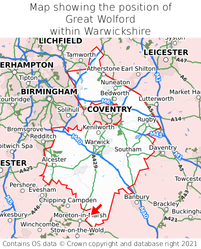 Map showing location of Great Wolford within Warwickshire