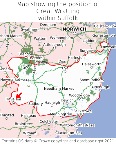 Map showing location of Great Wratting within Suffolk