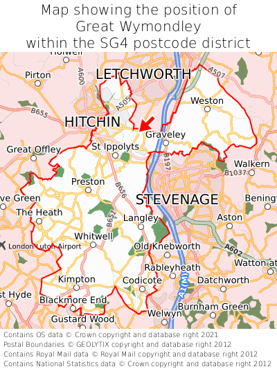 Map showing location of Great Wymondley within SG4