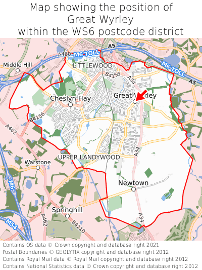 Map showing location of Great Wyrley within WS6
