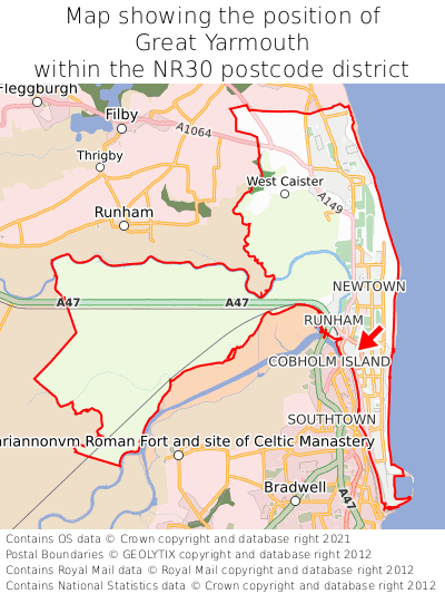 Map showing location of Great Yarmouth within NR30
