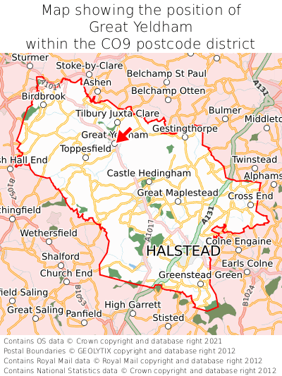 Map showing location of Great Yeldham within CO9