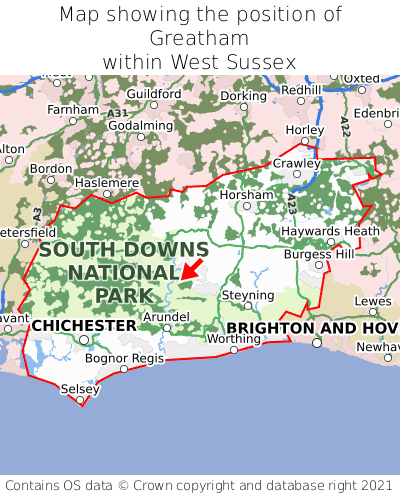 Map showing location of Greatham within West Sussex