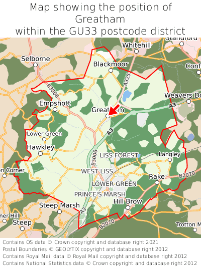 Map showing location of Greatham within GU33