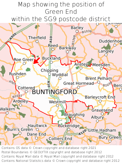 Map showing location of Green End within SG9