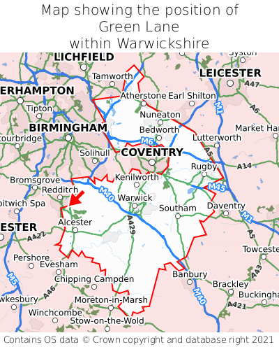 Map showing location of Green Lane within Warwickshire