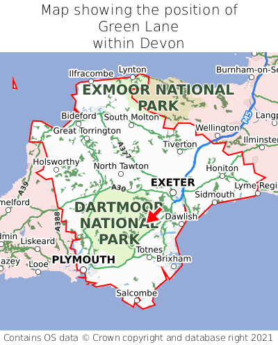 Map showing location of Green Lane within Devon