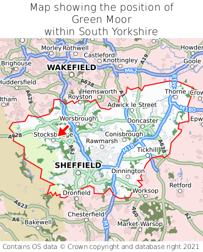 Map showing location of Green Moor within South Yorkshire