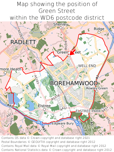 Map showing location of Green Street within WD6