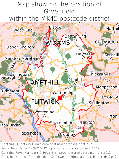 Map showing location of Greenfield within MK45