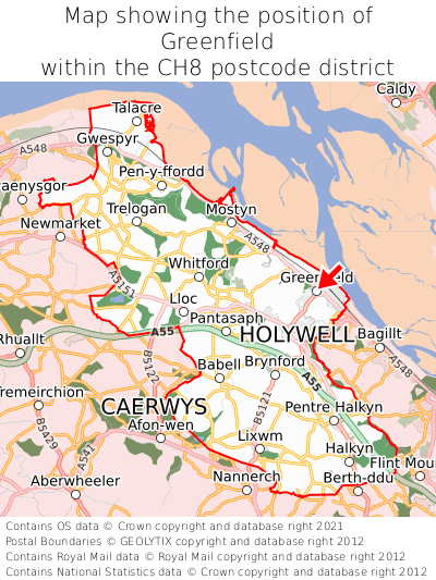 Map showing location of Greenfield within CH8