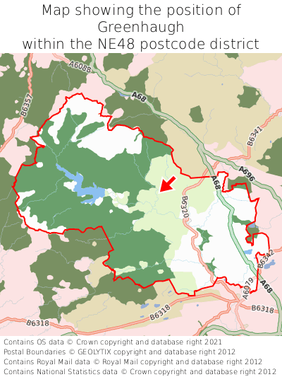 Map showing location of Greenhaugh within NE48