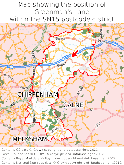 Map showing location of Greenman's Lane within SN15