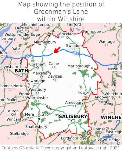 Map showing location of Greenman's Lane within Wiltshire