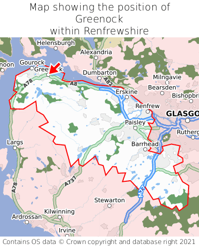 Map showing location of Greenock within Renfrewshire