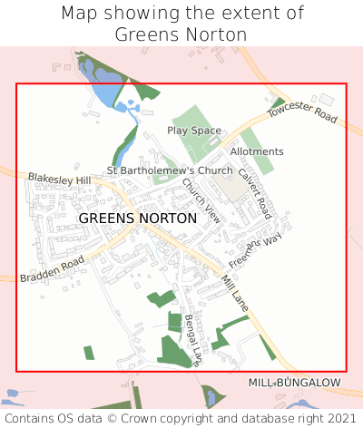 Map showing extent of Greens Norton as bounding box