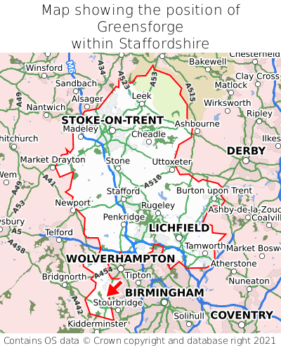 Map showing location of Greensforge within Staffordshire
