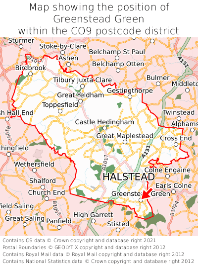 Map showing location of Greenstead Green within CO9