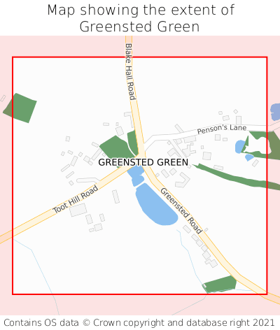 Map showing extent of Greensted Green as bounding box