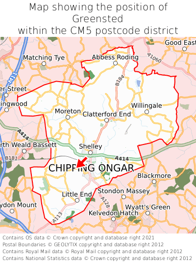 Map showing location of Greensted within CM5