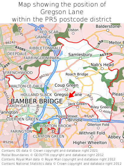 Map showing location of Gregson Lane within PR5