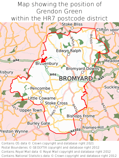 Map showing location of Grendon Green within HR7