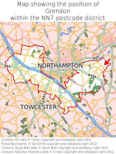 Map showing location of Grendon within NN7