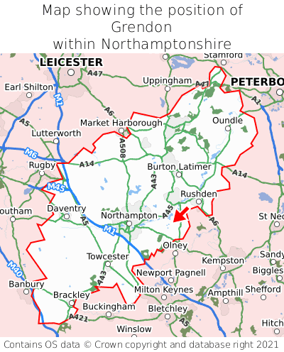 Map showing location of Grendon within Northamptonshire